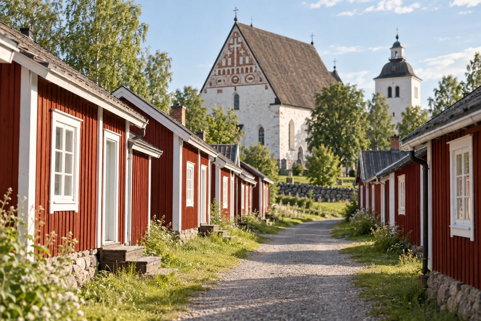Red wooden church cottages along a lane at Gammelstad near Lulea, Sweden's largest church town, with the 1492 stone church behind