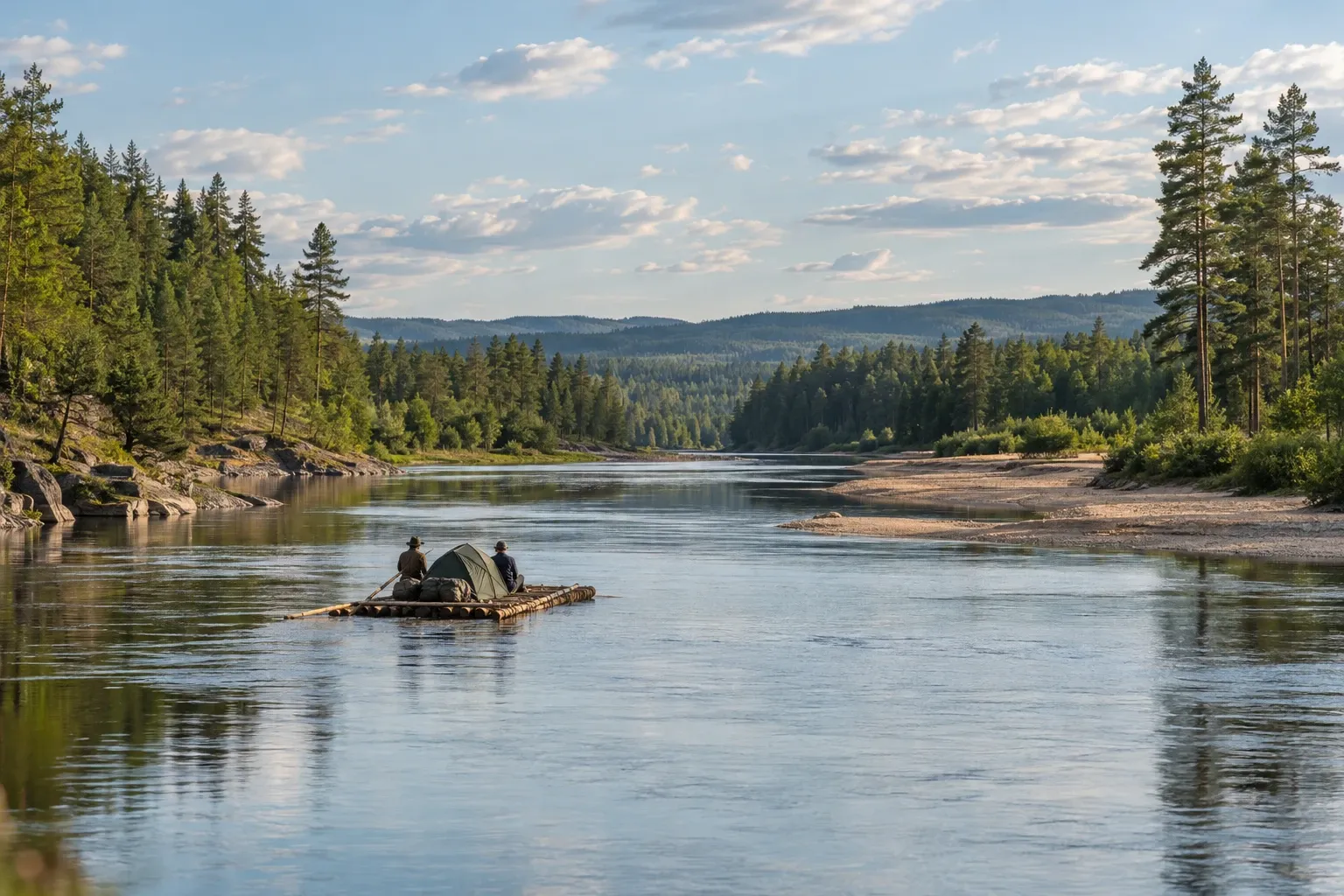 A home-built log raft drifts on the calm Klarälven in northern Värmland, where log driving ended in 1991